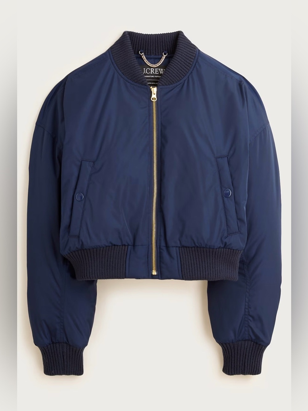 J. Crew Navy Blue Cropped Puffer Bomber Jacket w PrimaLoft® NWT Size Small - Picture 1 of 7
